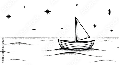 Hand-drawn illustration of a small sailboat gently floating on wavy water under a night sky filled with twinkling stars, in a simple sketch style.