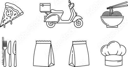 Collection of food delivery icons including pizza scooter noodles cutlery and chef hat perfect for restaurant apps and online ordering services