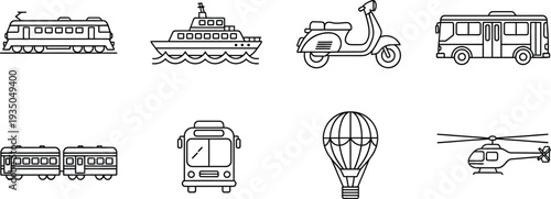 Collection of simple line art transportation icons including train ship scooter bus and helicopter for travel concepts