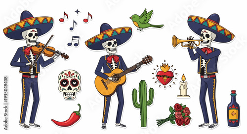 Day of the Dead Mariachi Skeletons with Mexican Cultural Elements Vector Set