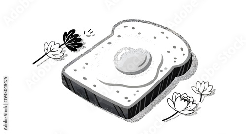 Black and white illustration of a simple breakfast with a fried egg on toast, surrounded by delicate flowers.