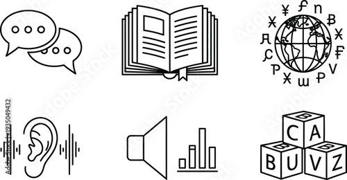Set of communication and education icons including speech bubbles open book globe with letters ear speaker and alphabet blocks flat vector design for learning and information concepts
