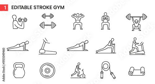 Editable stroke gym illustrations showcasing various workout equipment and exercises in a clean and minimalist style.