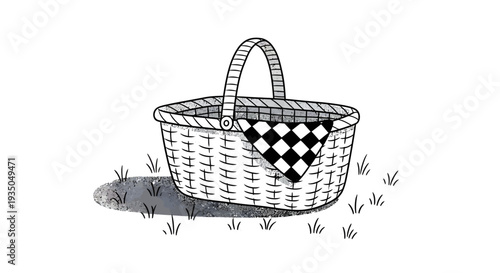 A charming black and white line drawing of a traditional wicker picnic basket with a checkered cloth, sitting on a patch of grass with a subtle shadow.
