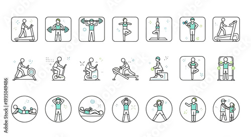 Various exercises illustrated in simple line drawings, showcasing different poses and movements.