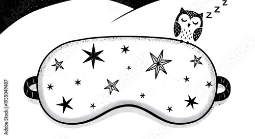 A black and white illustration of a sleeping mask adorned with stars, with a small sleeping owl perched on top, indicating rest and nighttime.