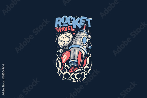 Rocket Travel Vintage Space Illustration – Cartoon Rocket Launching to the Moon with Retro Typography, Space Adventure T-Shirt Design on Dark Background