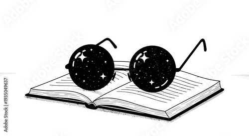 A whimsical black and white illustration of round glasses with starry lenses resting on an open book, suggesting imagination and knowledge.