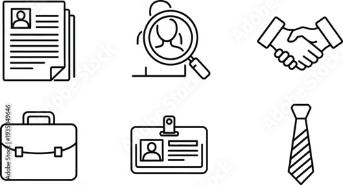 Set of business and finance icons including resume magnifying glass handshake briefcase ID badge and tie perfect for recruitment and corporate concepts