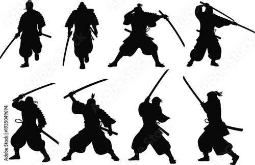 Samurai warrior silhouettes set, Japanese sword fighter action poses collection, traditional katana combat characters, black vector illustration isolated