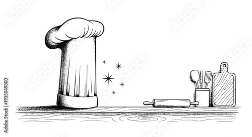 Hand-drawn sketch of a chef's hat and various kitchen utensils on a wooden counter, featuring a rolling pin, cutlery, and a cutting board.