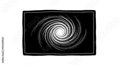 A mesmerizing white dotted spiral vortex on a dark black background, framed by a subtle border, creating an abstract graphic design.
