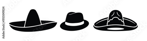 Collection of traditional mexican hats Icon Silhouette vector black design on a white background