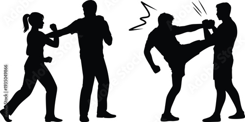 Self defense silhouettes with man and woman fighting poses, martial arts kick and punch action, black vector illustration isolated
