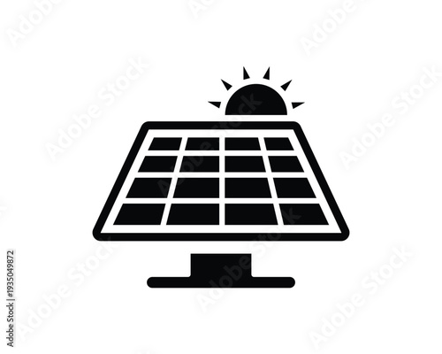 Black and white illustration of a solar panel with rising sun vector design