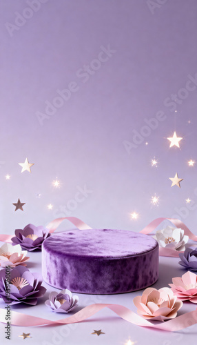 Velvet round pedestal in soft purple hue surrounded by delicate paper flowers and shimmering stars, creating a whimsical and enchanting atmosphere for celebrations