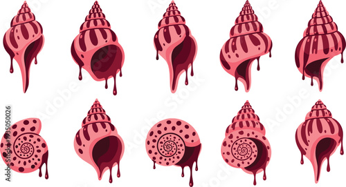 Melting Sea Shell Collection Dripping Abstract Shell Shapes Decorative Marine Elements Set Surreal Ocean Inspired Cartoon Vector Illustration