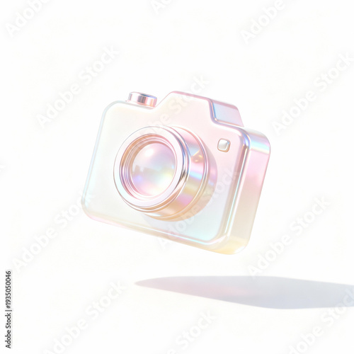 Floating transparent photo camera icon with a glossy finish, showcasing modern design and vibrant colors, perfect for digital media and photography concepts with copy space