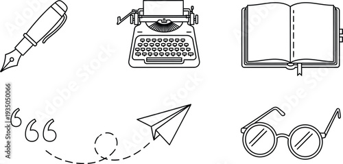 Collection of writing and communication icons including a fountain pen typewriter open book paper airplane and glasses for creative concepts