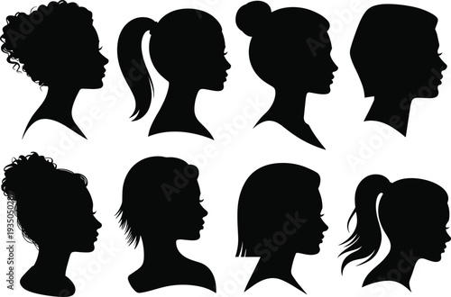 Eight black silhouette profiles of women with different hairstyles