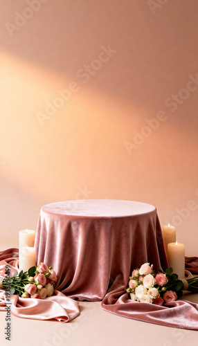 Elegant round table draped in soft pink velvet fabric, adorned with white and pink roses, surrounded by lit candles, creating a romantic atmosphere for special occasions