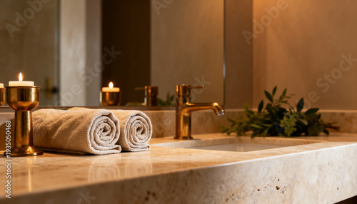 Elegant bathroom scene featuring neatly rolled towels, golden faucet, lit candles, and natural greenery on a marble countertop, creating a serene and luxurious atmosphere for relaxation