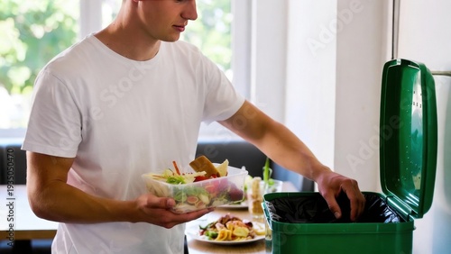 Young man throwing food into green recycling bin indoors.