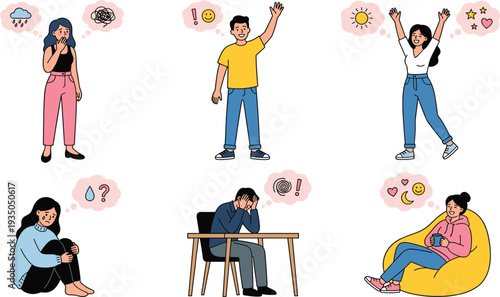 Mental Health Emotions and Feelings Characters Set Showing Stress Anxiety Happiness Sadness and Positive Mood Concepts Flat Cartoon Vector Illustration