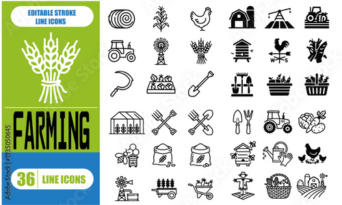 Farming And Agriculture Thin Line Icons - Editable Stroke - Icons Include A Farmer Farming, Barn With Silo, Cultivation, Tractor In Field, Crops, Harvesting, Farm Produce, Wheat, Corn, Harvest, Hay, 