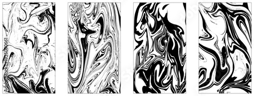 Set of abstract backgrounds. Ink marbling textures. Black and white. Hand drawn marble illustrations, ebru aqua paper
