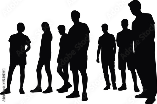 Teenager people silhouettes group standing poses, youth students casual lifestyle characters collection, modern young people figures, black vector illustration isolated