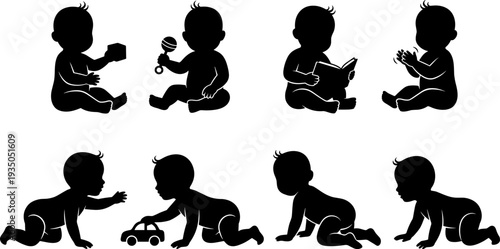 Baby silhouettes collection showing sitting, crawling and playing infants isolated on white background, cute child activity vector illustration set