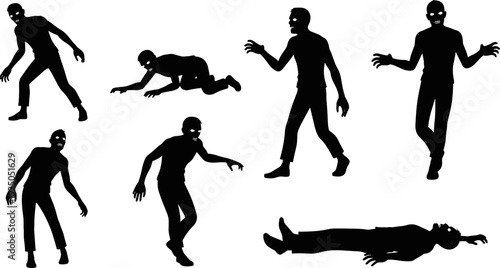 Zombie silhouettes collection showing walking, crawling and standing undead monsters isolated on white background, horror halloween vector illustration set