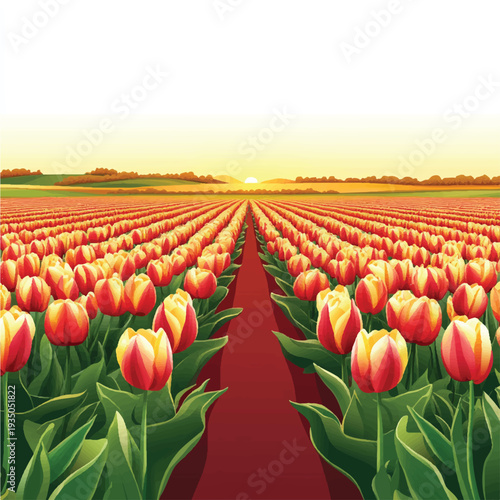 Vibrant tulip field in full bloom under the warm sunset glow a beautiful sight.