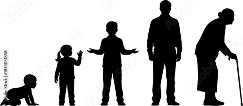 Human life stages silhouettes from baby crawling to elderly walking with cane isolated on white background, aging process vector illustration