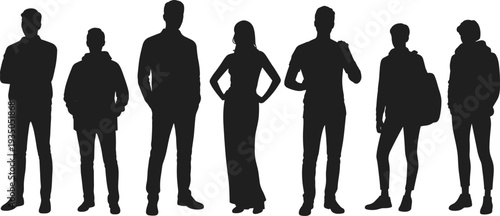 Seven black silhouettes of people standing in a row with different poses and outfits