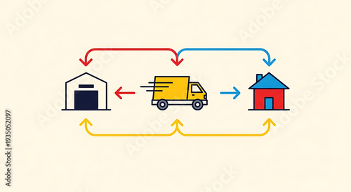 Logistics and transportation concept with delivery truck moving between warehouse and home