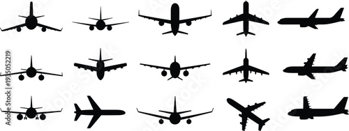 Silhouette airplane collection, aviation vector artwork, black aircraft illustration, flight transport design, jet profile icons, aviation concept, air travel set