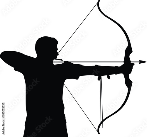 Silhouette archer aiming bow arrow, sports archery illustration, black vector profile, precision shooting stance, competitive archery design