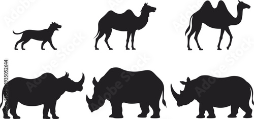 Wild animal silhouettes set with camel rhinoceros and dog, safari wildlife collection, exotic mammals black vector illustration isolated