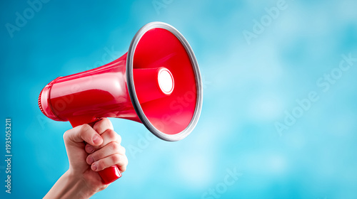 Hand holding a red megaphone on a blue background with soft white highlights with communication and announcement