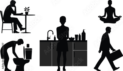 Silhouette daily activity collection, lifestyle vector design, black illustration artwork, household chores concept, meditation icons set, work commute artwork