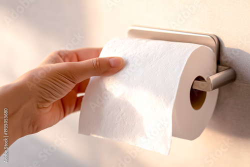 Hand reaching for white toilet paper roll on metallic holder in soft light grabbing