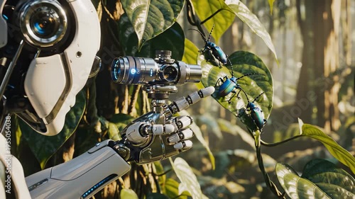 a robot explores the forest