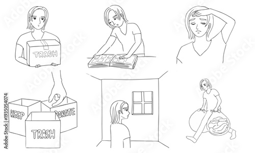 Adult daughter decluttering parents house alone, estate cleanout concept vector illustration