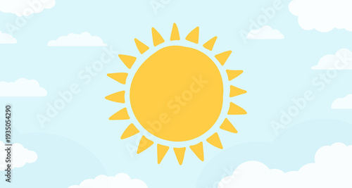 Yellow sun and white clouds on light blue sky background, flat style illustration