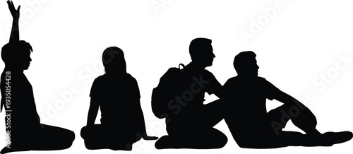 Silhouette group sitting on ground, casual people illustration, black vector design, students interaction, educational teamwork, outdoor leisure concept
