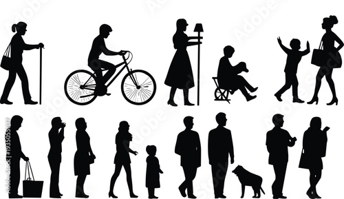 Silhouette people activity collection, lifestyle vector design, black illustration artwork, everyday life concept, inclusive icons set, human interaction artwork