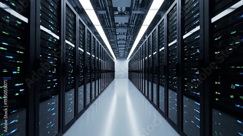 Modern data center with rows of server racks and glowing lights