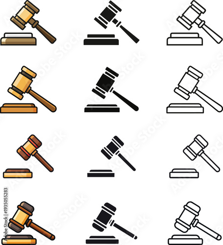 Collection of gavel icons in various colors and line art styles